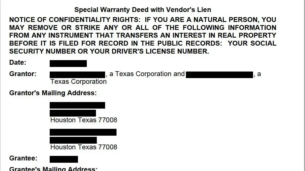Special Warranty Deed With Vendor Lien Template_Redacted_Page_1 - Daughtrey Law Firm Texas Mineral Rights